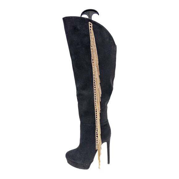 Shoe Dazzle Black Cha-Ching Gold Rhinestone Chain Embellished Knee Boots 6.5 - Picture 1 of 14